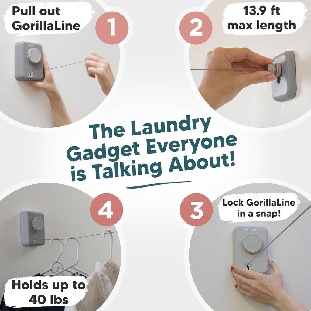 GorillaLine Max - Retractable Clothesline Indoor Outdoor Clothes Line - Heavy Duty Clothes Drying Laundry Line - Wall Mounted Drying Rack - Air Dry Clothing - Max Tighten with GorillaGrip