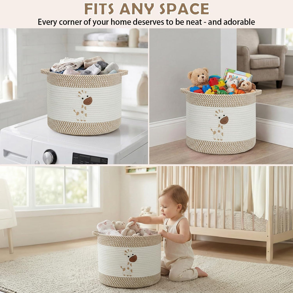 Baby Laundry Basket for Nursery, Large 15”x12” Giraffe Storage Baskets | Cotton Rope Kids Hamper Soft Foldable Bin with Cute Embroidered Animal Designs for Home Toys Organize