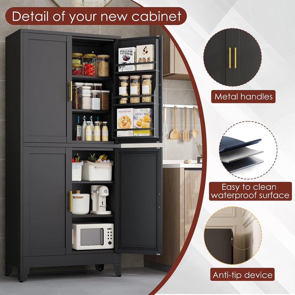 PAOFIN 75" H Metal Storage Cabinet, Pantry with 6 Door Shelves and 4 Adj...