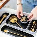 Three by Three Seattle 5 Piece Metal Organizer Tray Set for Storing Makeup, Stationery, Utensils, and More in Office Desk, Kitchen and Bathroom Drawers (1 Inch, Black)