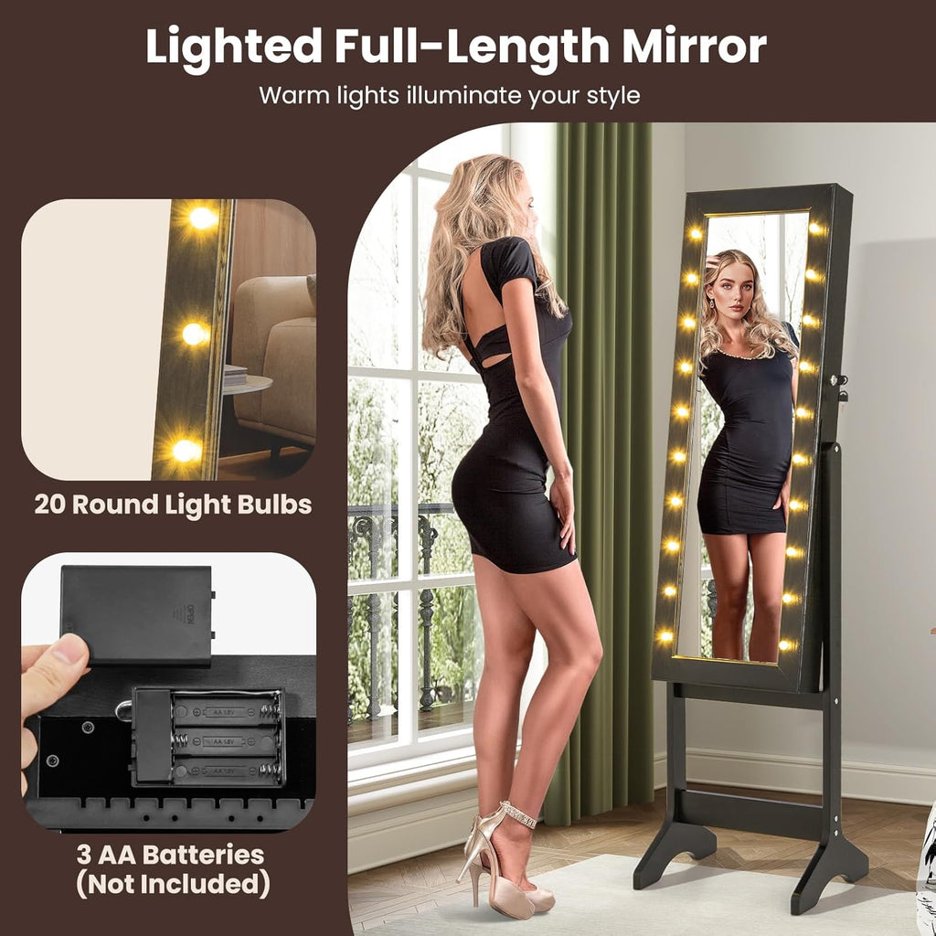 Giantex Standing Jewelry Armoire with Lighted Full Length Mirror, Lockable Jewelry Cabinet Organizer with 20 LED Lights, Adjustable Tilt, Large Storage for Earrings, Rings, Necklaces, Black