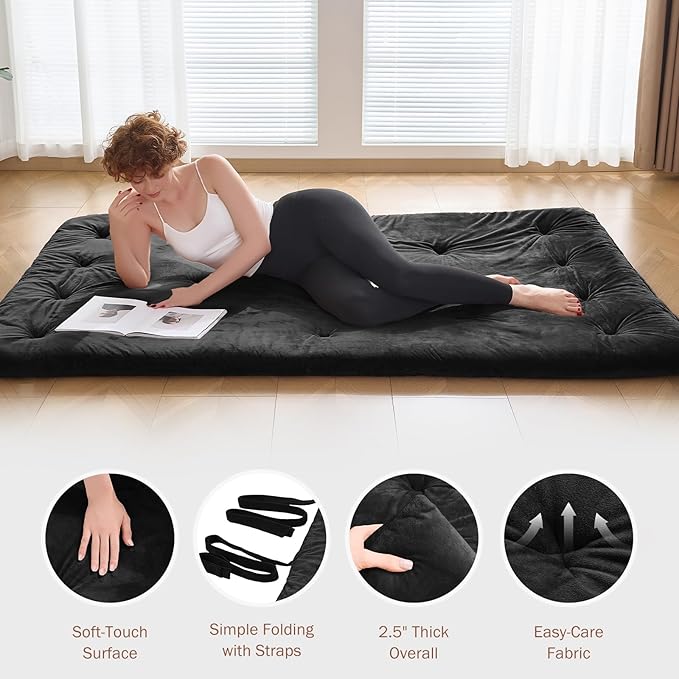 Japanese Floor Futon Mattress Full Size 54"x 80", 2.5'' Thick Foldable Roll Up Floor Bed Sleeping Pad, 25D Foam Filled Tatami Mat with Straps for Guest Room, Dormitory & Camping, Black