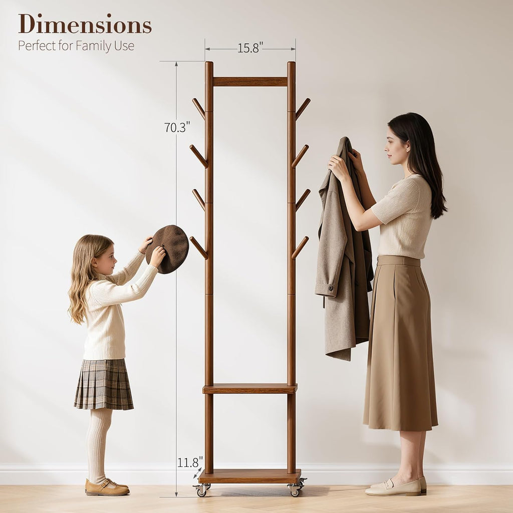 Yoobure Solid Wood Coat Rack Freestanding - Rolling Clothes Rack with 8 Hooks & Shelves, Small Clothing Rack with Wheels, Heavy Duty Clothing Racks for Hanging Clothes, Portable Hall Tree for Entryway