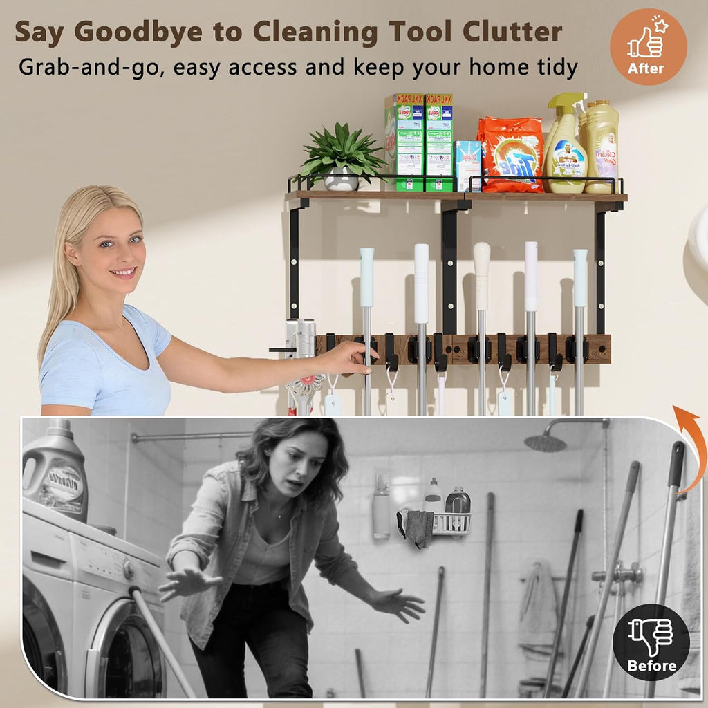 Mop Holder Wall Mount with Cleaning Supplies Organizer, Wood Mop and Broom Hanger Rack Organizer with Anti-Fall Wall Shelf with 5 Clips & Hooks for Garage Laundry Room Kitchen (Dark)