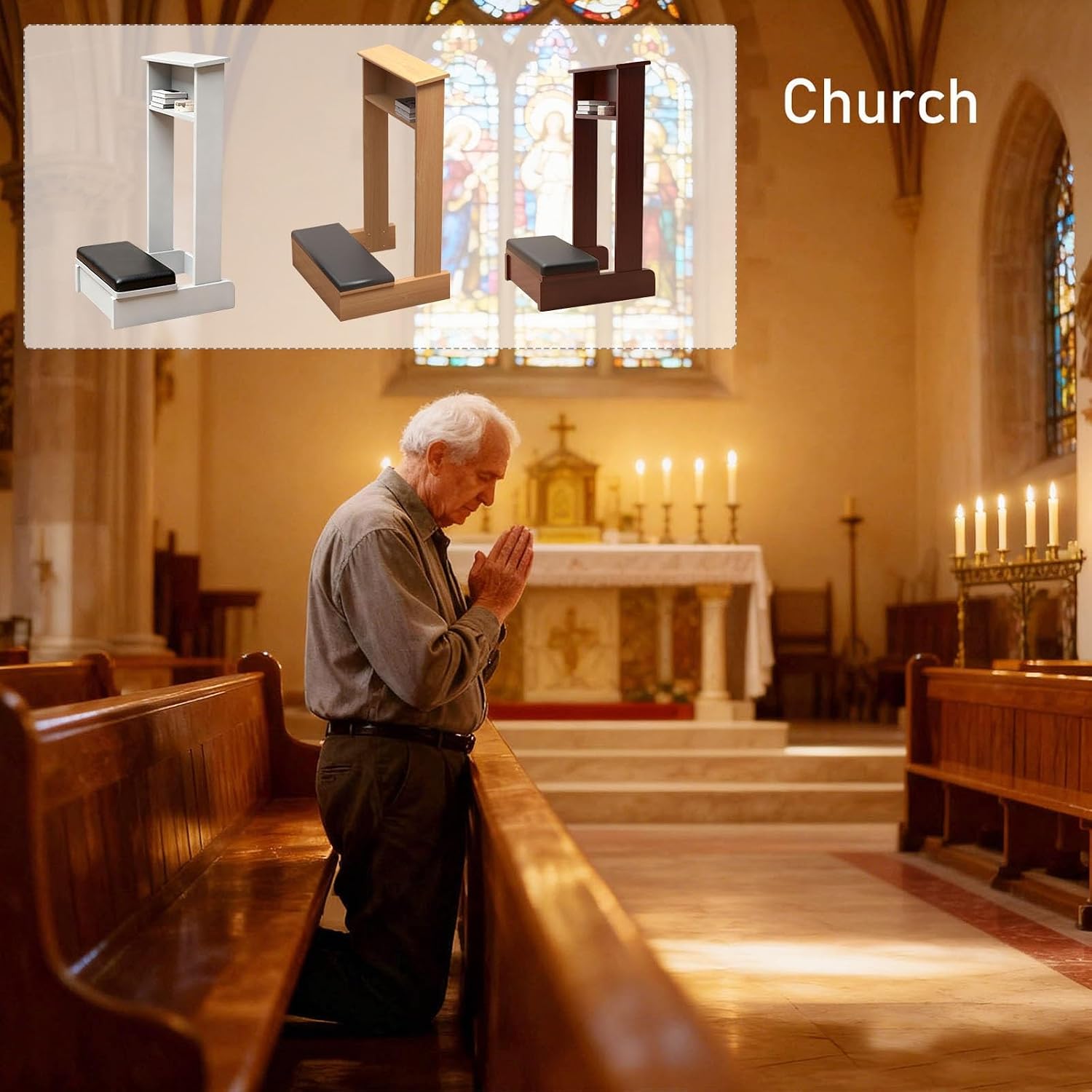 Prayer Kneeler Bench 20x16.5x33In Solid Wood Prayer Table Prayer Bench Stool with Shelf and Cushion Pad Church Pulpit Kneeling Chair Meditation Bench Stool for Church Prayers(Wood)