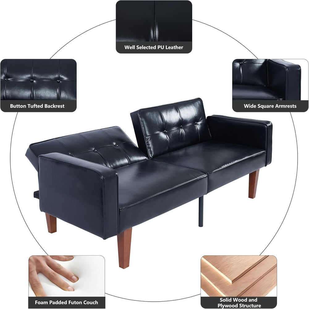 mikibama Convertible PU Leather Black Futon Sofa Bed with Split Back,Mid Cent...