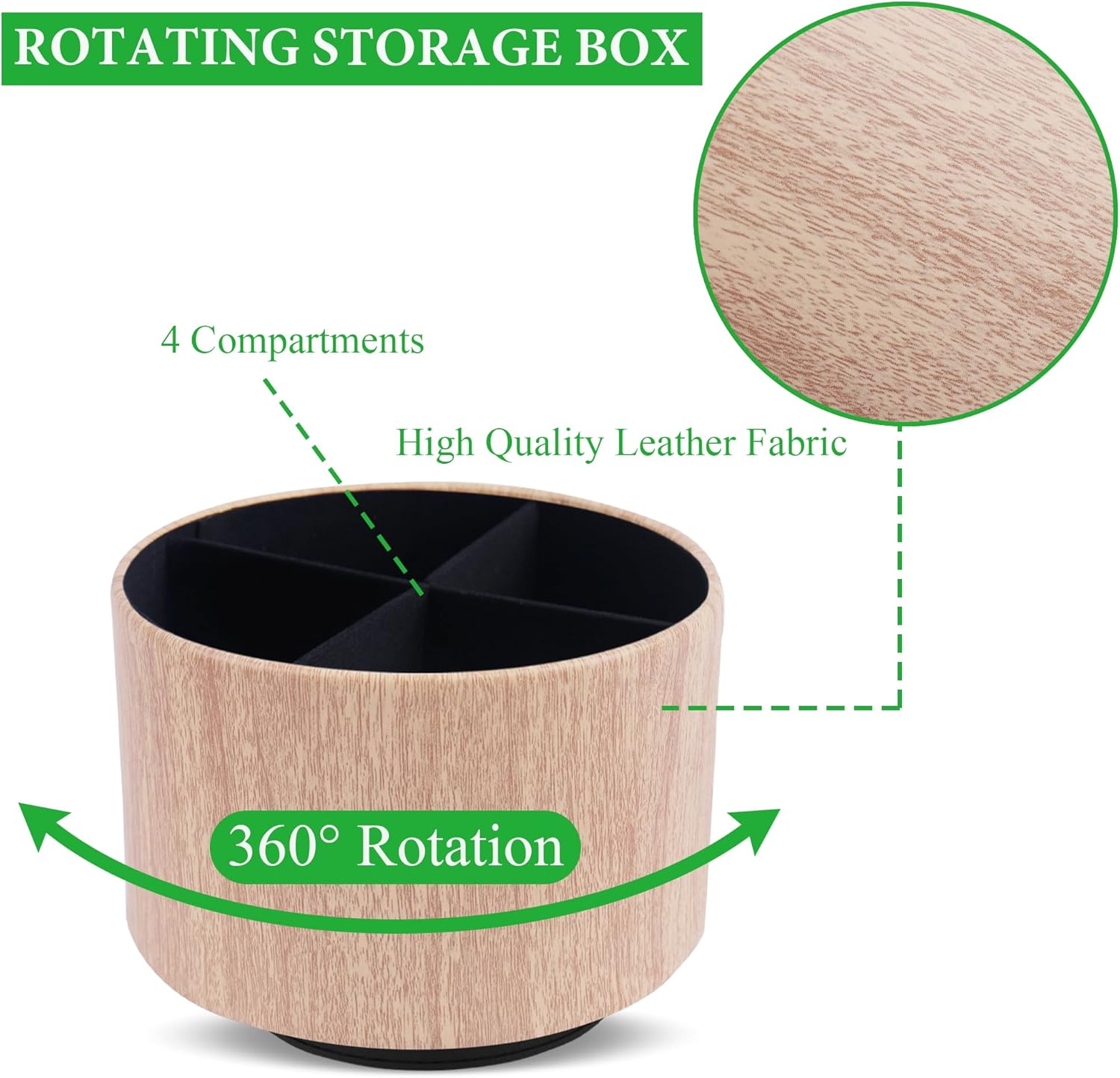 Round Leather Art Supply Organizer,Remote Control Holder,360 Degree Spinning,Multi-Functional Pencil Holder,4 Compartments Desktop Stationary Organizer(1-Thin Wood Yellow)
