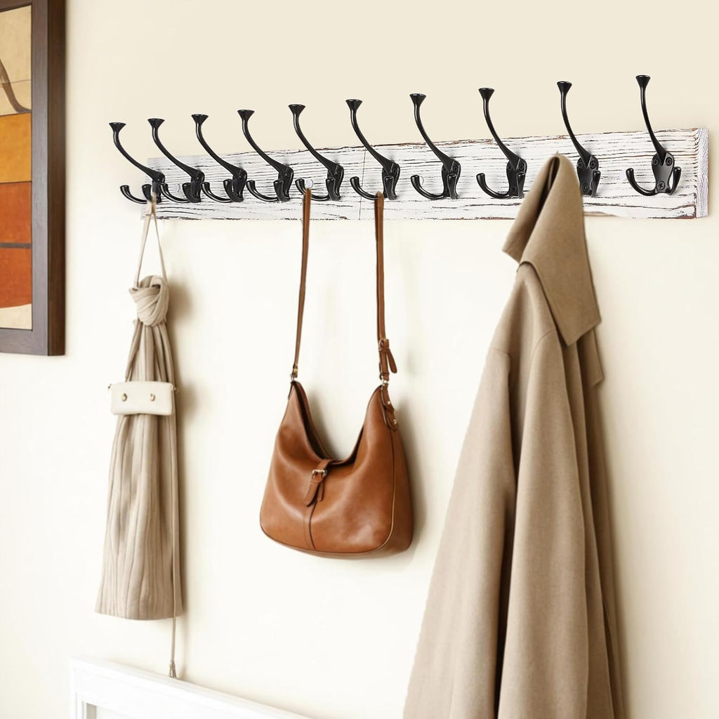 IBosins 34'' Coat Rack Wall Mount with 10 Tri-Hooks, Heavy Duty, Vintage White Color Wood Coat Hanger, Rustic Coat Hooks Rail for Entryway Living Room Coat Scarf Bag Towel Hat