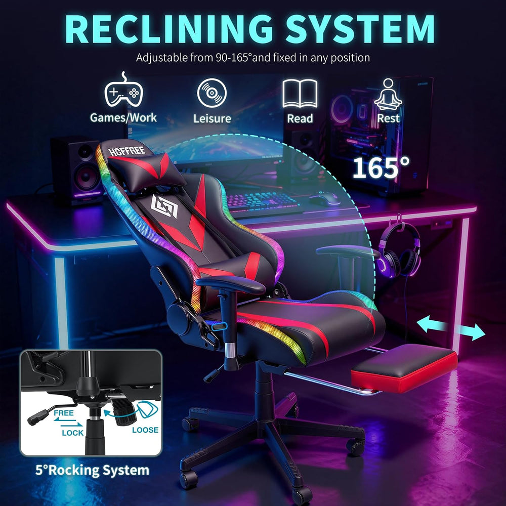 Led Gaming Chair with Speakers Massage 165° Reclining Computer Chairs-Red | R...