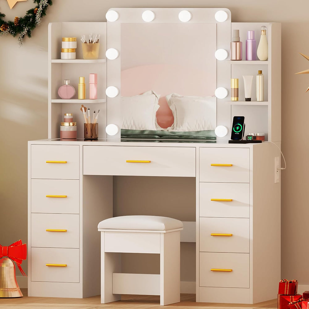 BEWISHOME Large Vanity Desk with Mirror and Lights,Glass Top,9 Drawers | Whit...