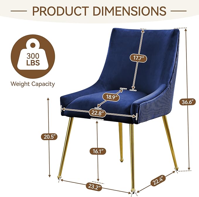 Velvet Dining Chairs Set of 2 Gold Legs,Upholstered Velvet Accent Chairs, Pleated Back Design & Gold Pull Handle, Mid Century Modern Chairs for Dining/Kitchen/Living Room,Blue