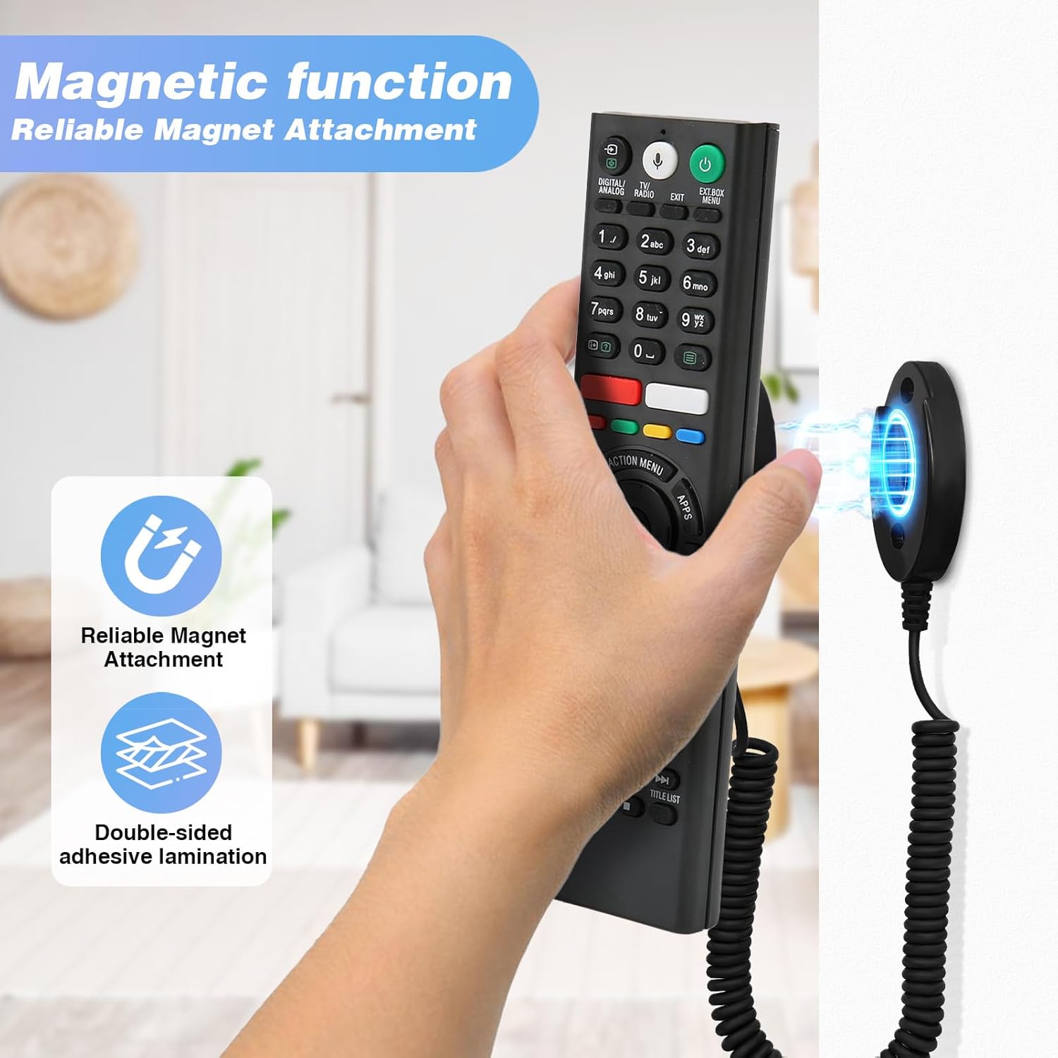Magnetic Remote Control Holder with Retractable Cord, Anti-Loss Wall Mount Adhesive for TV, Couch, Bedside Table, Strong Spring Rope Organizer for Small Items, 2-Pack Black
