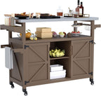 Outdoor Grill Cart with Storage Cabinet, Wood Outdoor Kitchen Island on Wheels, Grill Cart Table with Stainless Steel Table Top, Spice Rack, Towel Rack & Lockable Wheels for Kitchen,BBQ, Coffee