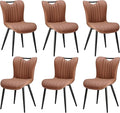 Leather Upholstered Dining Chairs Set of 6, Mid-Century Modern Kitchen Dining Room Chairs with Black Metal Legs, Armless Faux Leather Accent Dinner Chairs Kitchen Side Chairs, Camel