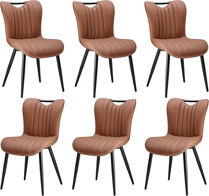 Leather Upholstered Dining Chairs Set of 6, Mid-Century Modern Kitchen Dining Room Chairs with Black Metal Legs, Armless Faux Leather Accent Dinner Chairs Kitchen Side Chairs, Camel