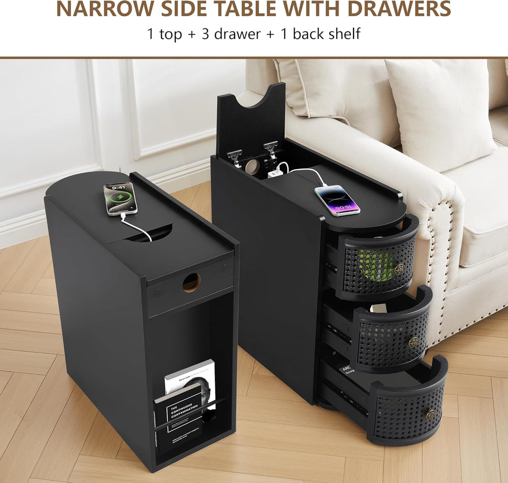 Narrow End Table Set of 2, Metal Rattan Side Table with Storage, Narrow Charg...