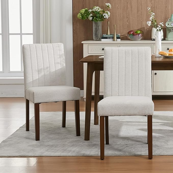 Upholstered Dining Chairs Set of 4, Button Tufted Parsons Chairs with Wood Legs and Padded Seat, Modern Fabric Side Chairs for Dining Room Kitchen Farmhouse Hotel, Beige