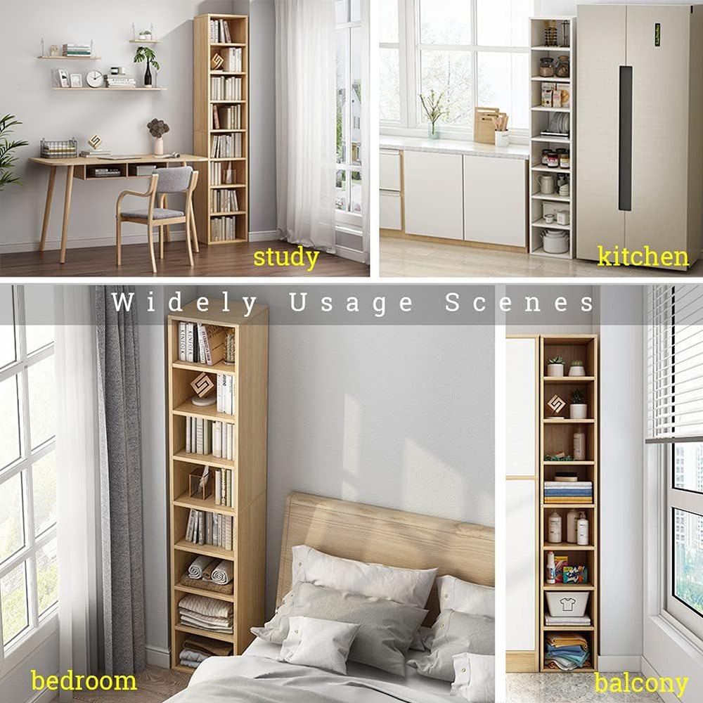 IOTXY Small Narrow Corner Bookcase - 71" Tall Gap Storage Cabinet, Oak