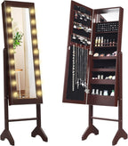 Giantex Standing Jewelry Armoire with 18 LED Lights Around the Door, Large Storage Mirrored Jewelry Cabinet with Full Length Mirror, 16 Lipstick Holders, 1 Inside Makeup Mirror (Brown)