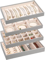 LANDICI Stackable Jewelry Organizer Trays 4 Set,PU Leather Jewelry Organizer Drawer,Jewelry Storage Display Tray for Earring Necklace Rings Bracelet with Removable Dividers,Grey