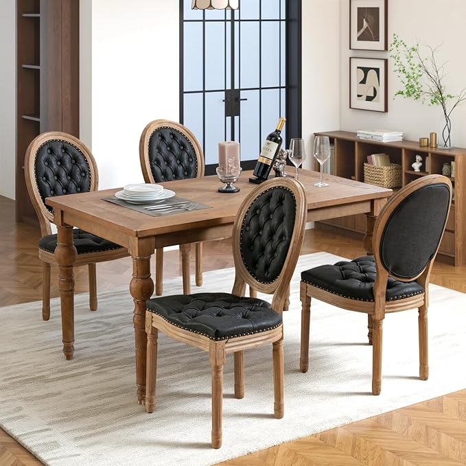 French Country Dining Chairs Set of 4,Farmhouse Upholstered Dining Room Chairs with Tufted Round Back&Solid Leg,PU Leather Kitchen Side Chairs for Kitchen/Bedroom/Dining Room,Black