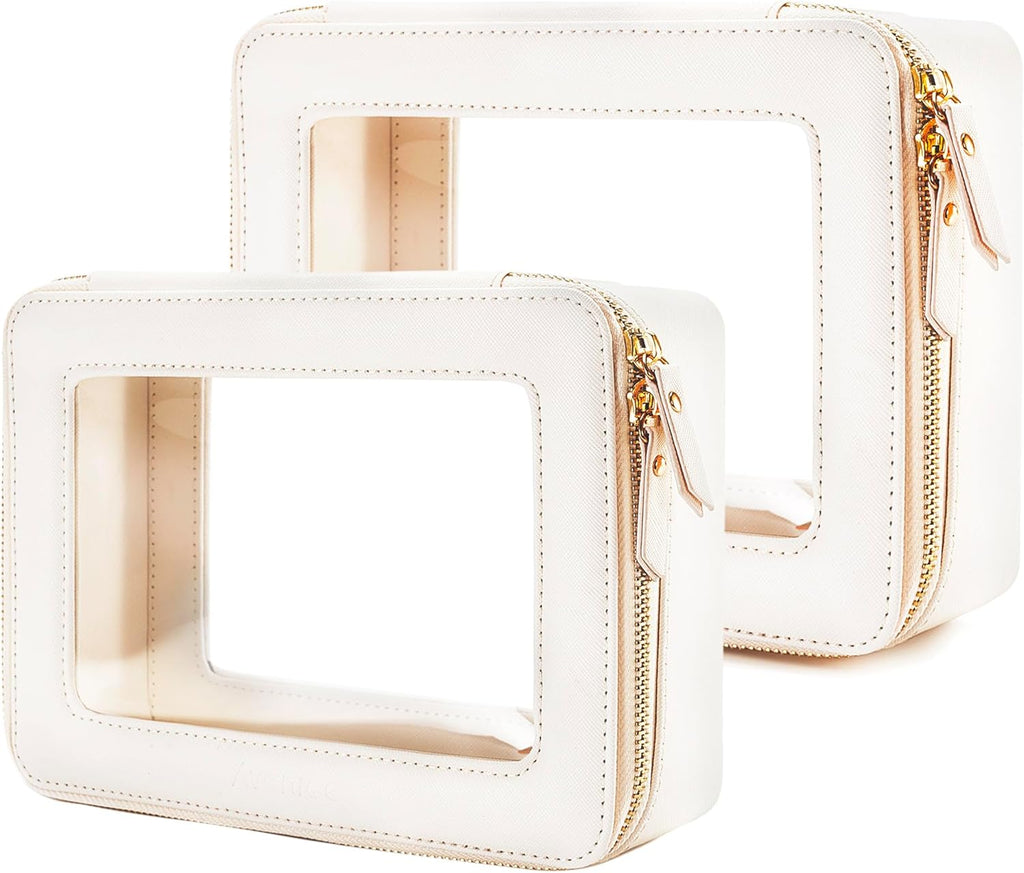 Aveniee Clear Makeup Bag Organizer Set,Portable Travel Toiletry Case for Women, Vegan Leather Cosmetic Pouch Car Bag for Essentials 2pcs,Middle & Large,Beige
