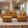 Sectional Couches for Living Room with Movable Chaise & Storage Ottoman - 97.5" Leather L Shaped Couches for Living Room Apartment, Home Modular Sectional Sofas with Cup Holder, Ginger