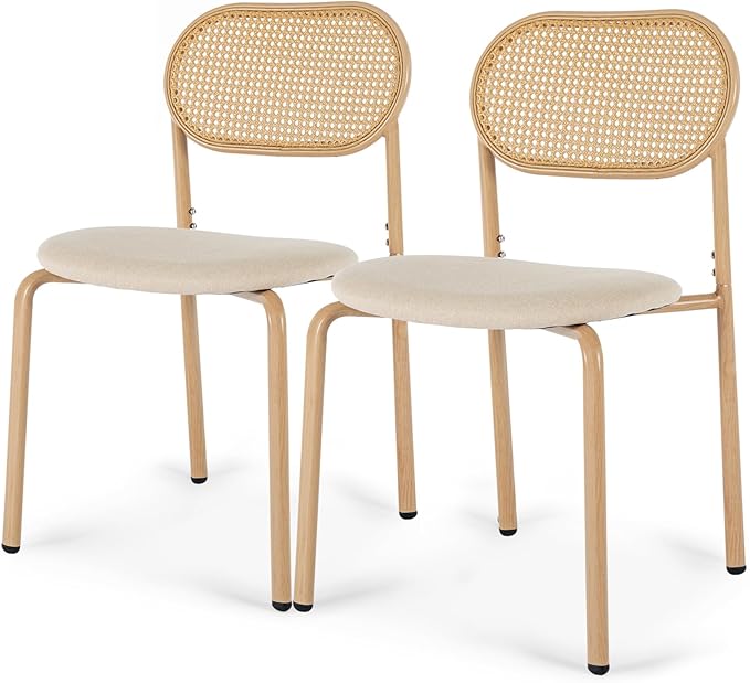 COSVALVE Boho Dining Chairs Set of 2, Upholstered Cane Dining Chair with Rattan Back Metal Legs, for Dinner Living Room Reception