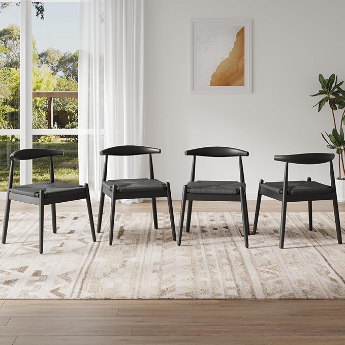 Farini Mid Century Modern Dining Chairs Set of 4, Solid Wood Frame Kitchen Chairs with Woven Upholstered Seat for Dining Room & Breakfast Nook,Black-Black