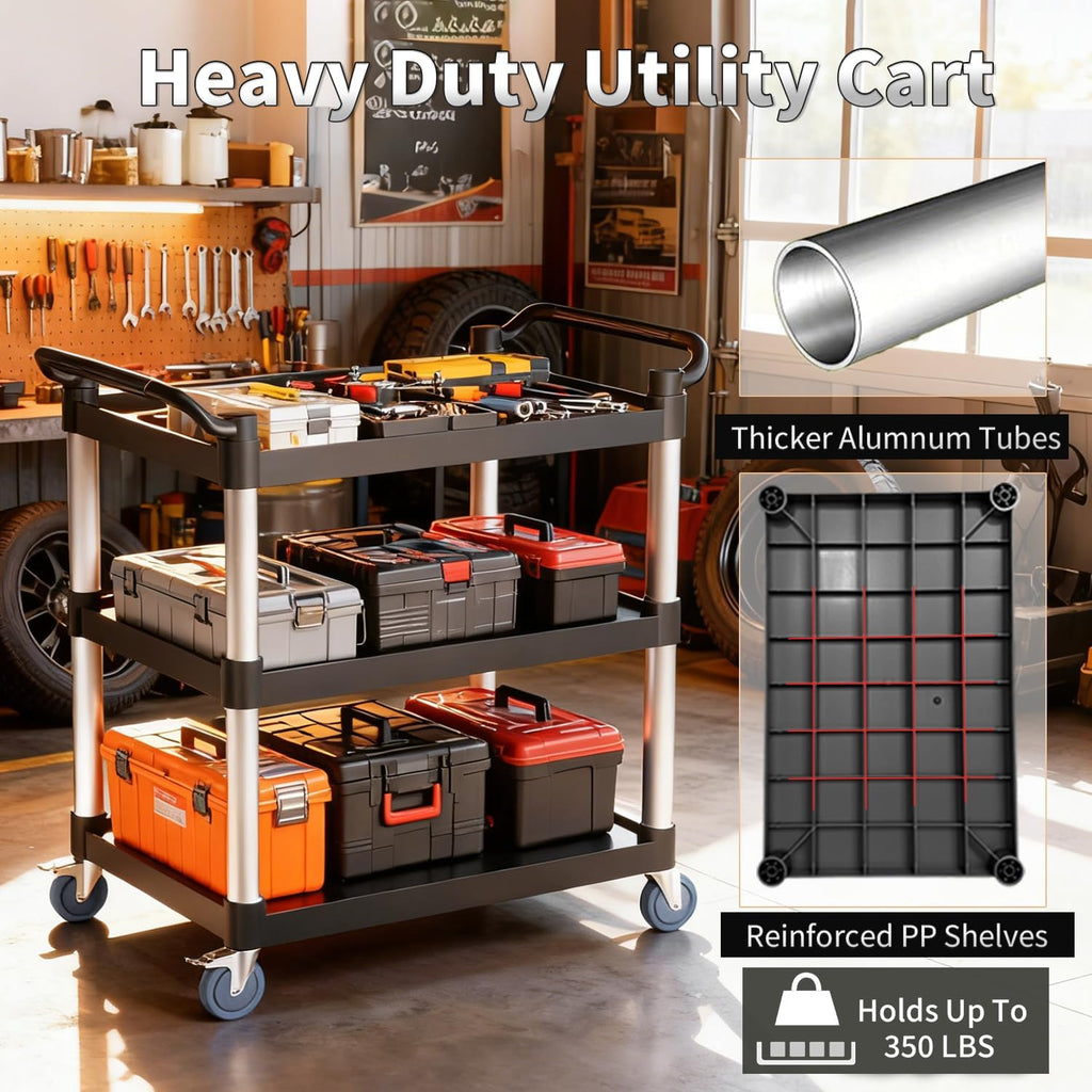 3 Tier Rolling Cart with Hair-Proof Wheels, Plastic Utility Service Cart, Heavy Duty 350 Lbs Capacity, Solid Handle, Commercial Serving Cart for Home/Office/Restaurant/Warehouse.34.2"×17"×37"
