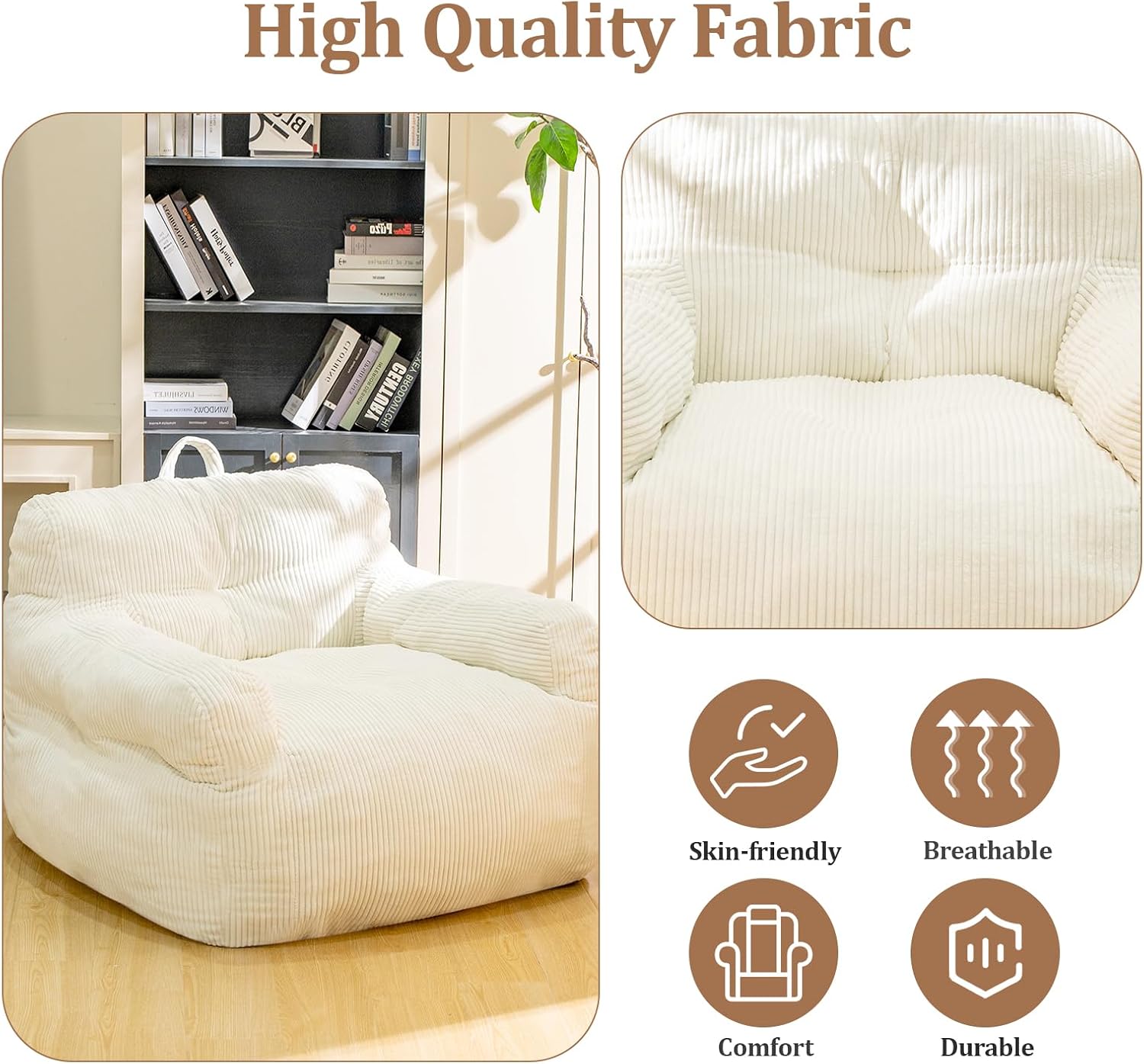 Jumbo Plush Bean Bag Chair for Adults with Head & Back Support - Extra Large Durable Tear-Resistant Fabric (Large)