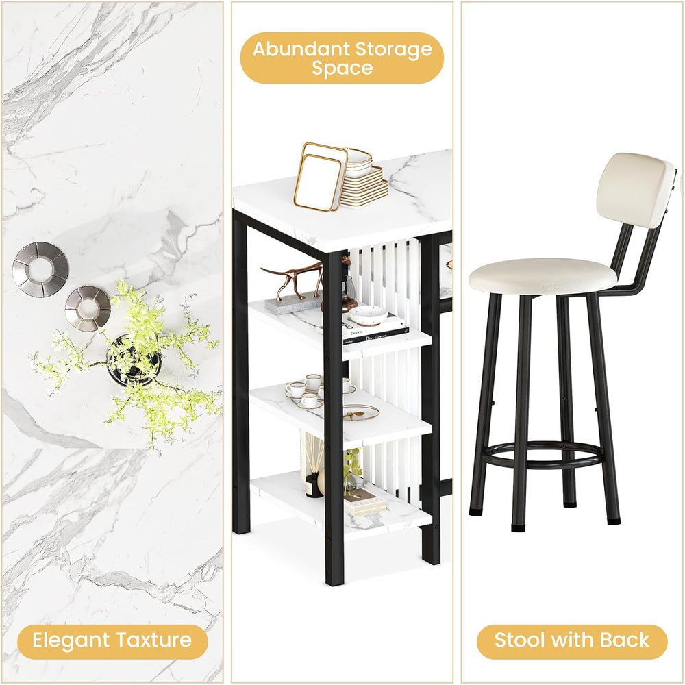 AWQM 3-Piece Bar Table and Chairs Set, Modern White Faux Marble Table with 2 ...
