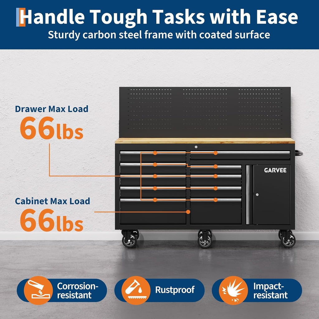 Garvee 60 in Rolling Tool Chest, 10 Drawers Mobile Garage Tool Cabinet | Heavy Duty 1750 LBS Load Workbench with Pegboard & Charging Station for Workshop, Black