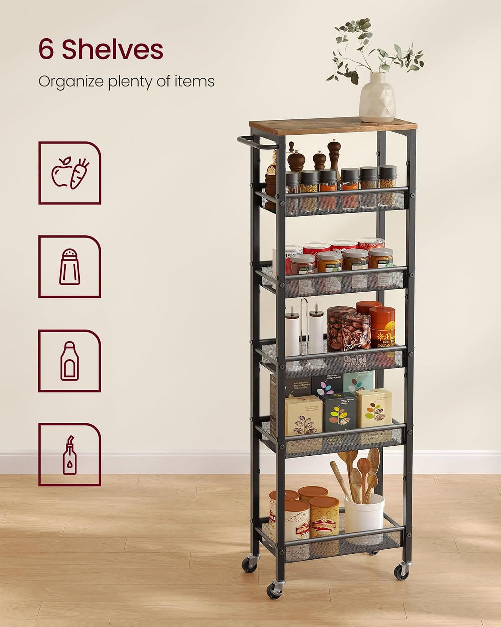 VASAGLE 6-Tier Slim Rolling Storage Cart, Narrow Kitchen Cart with Wheels, Ut...