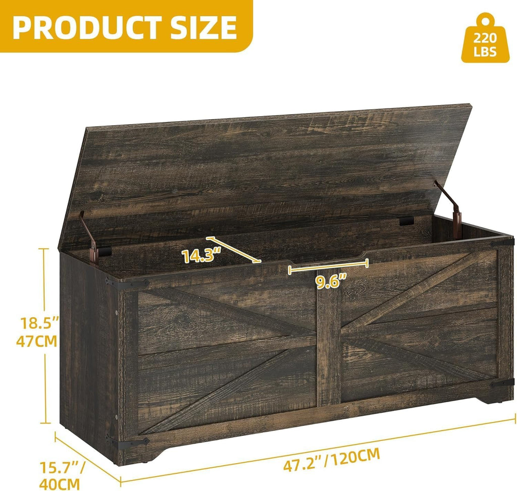 DWVO Wooden Storage Bench, Farmhouse Storage Chest with Safety Hinges, Entryway Shoe Organizer, Multi-Use Storage for Living Room/Bedroom, 47.2" L, Dark Rustic Oak | 2 slow-close safety hinges, large hidden storage, multi-use for entryway bedroom living