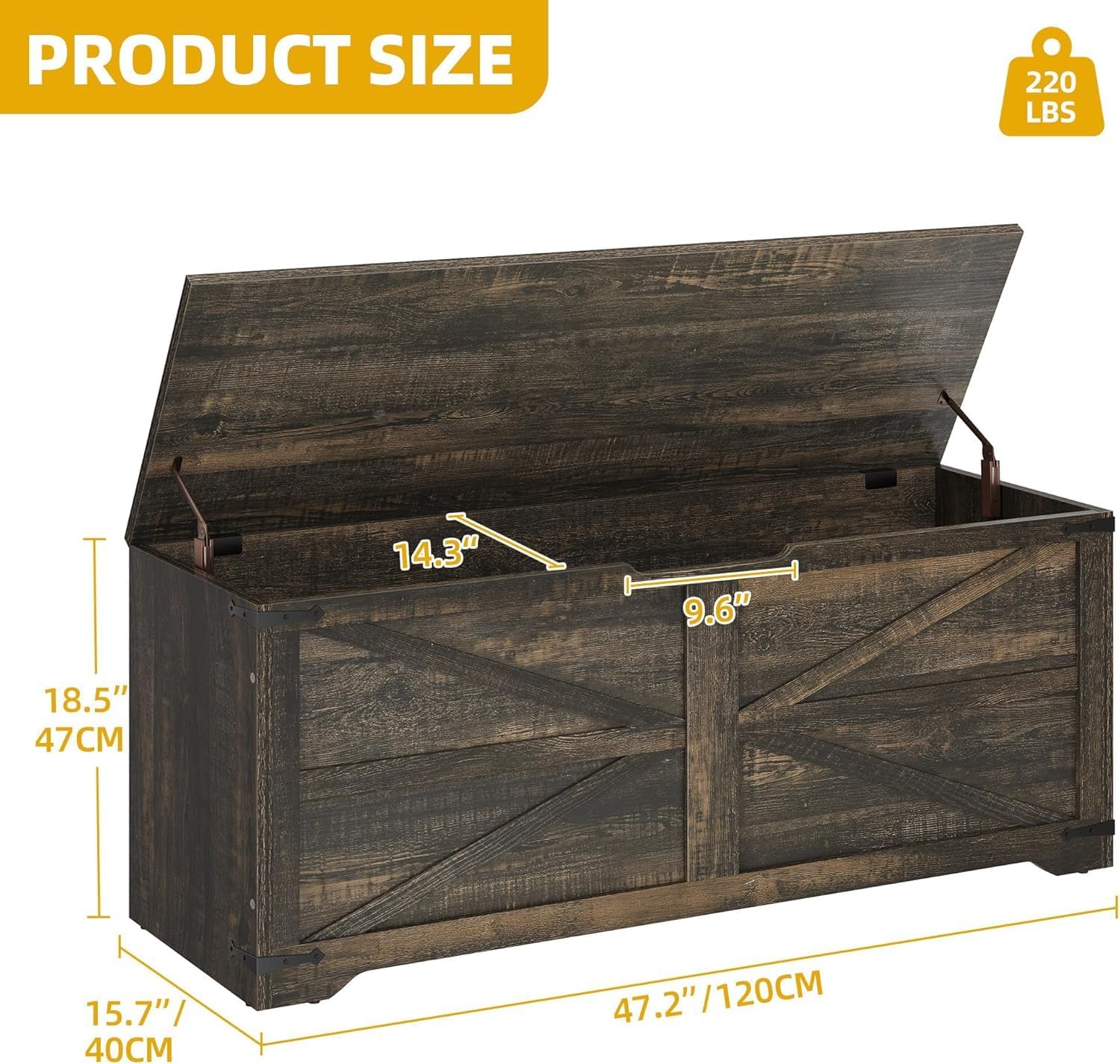 DWVO Wooden Storage Bench, Farmhouse Storage Chest with Safety Hinges, Entryway Shoe Organizer, Multi-Use Storage for Living Room/Bedroom, 47.2" L, Dark Rustic Oak | 2 slow-close safety hinges, large hidden storage, multi-use for entryway bedroom living