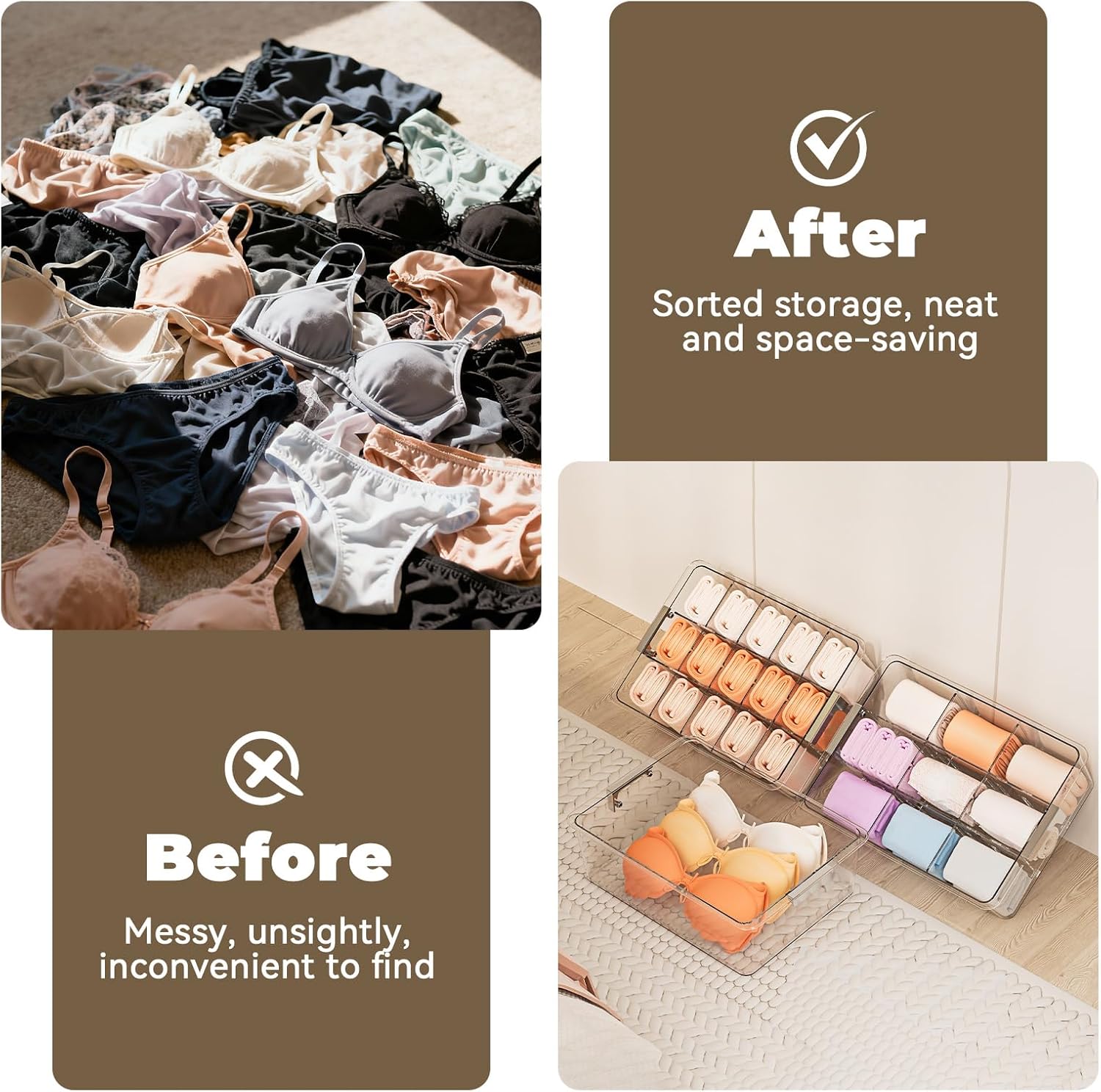 Socks Bra Underwear Drawer Organizer for Closet, 2 PCS Plastic Storage Box with 9 Removable Compartments and Lid, Clear Dresser Drawer Organizer Storage Container with Dividers for Sock Ties Belts