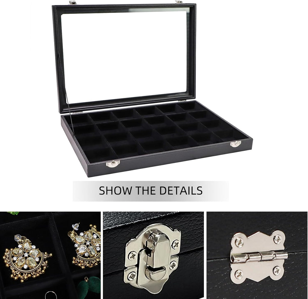 Wudygirl Jewelry Organizer Clear Lid 24 Grid Jewelry Box Case Organizer Showcase Display Jewelry Tray Removable Black Velvet Locked