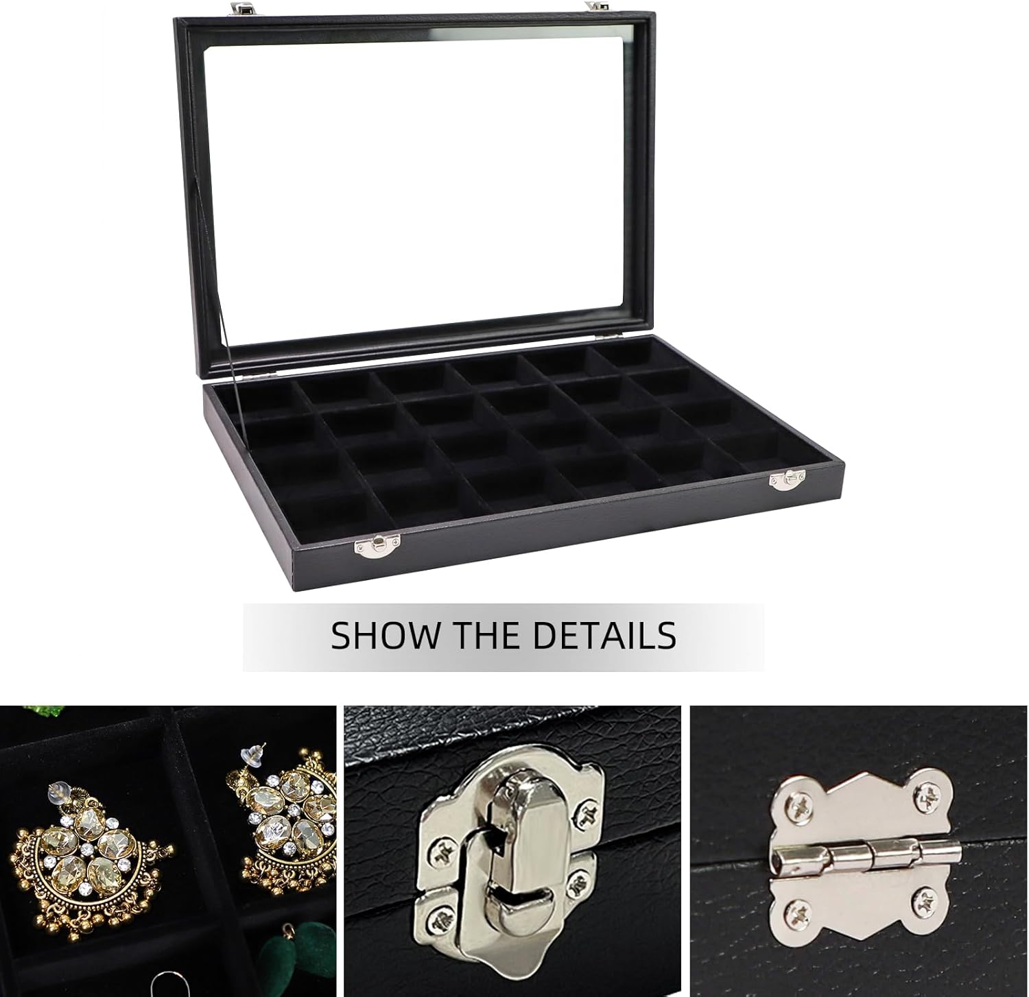 Wudygirl Jewelry Organizer Clear Lid 24 Grid Jewelry Box Case Organizer Showcase Display Jewelry Tray Removable Black Velvet Locked