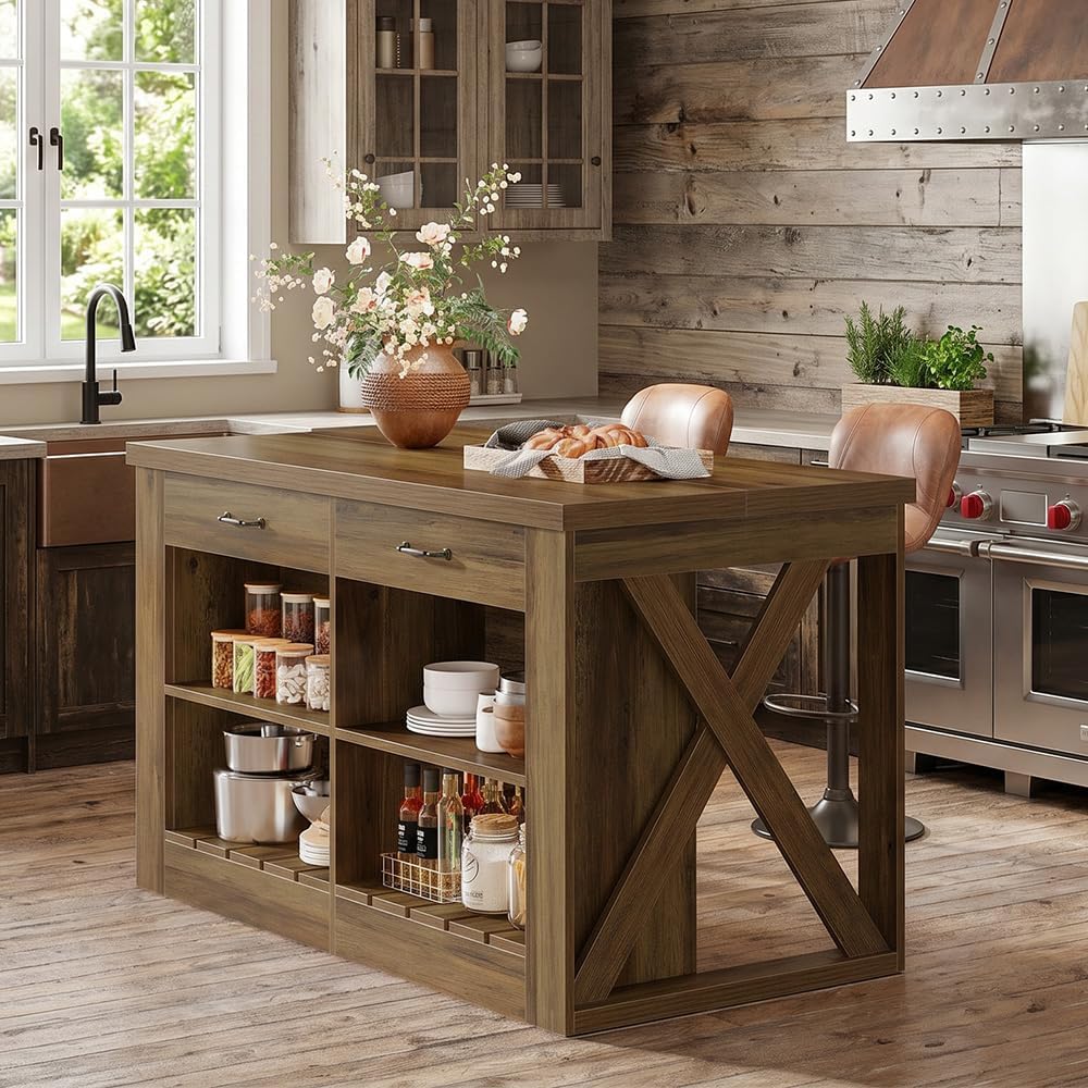 Tribesigns 55" Kitchen Island with Storage Drawers and Shelves, Farmhouse Large Island Table for Kitchen, Dining Room