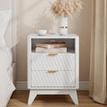 Fluted Nightstand with Charging Station, 18" Modern End Table with Storage Drawers, Bedside Table for Bedroom, White (1 Piece)