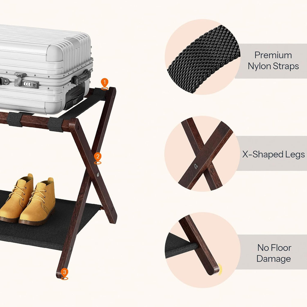 HOOBRO Luggage Racks, Set of 2 Folding Luggage Holders, Bamboo Suitcase Stands, with Nylon Straps and Oxford Fabric Shelf, for Guest Room, Hotel, Bedroom, Brown and Black BR17XLP201G1