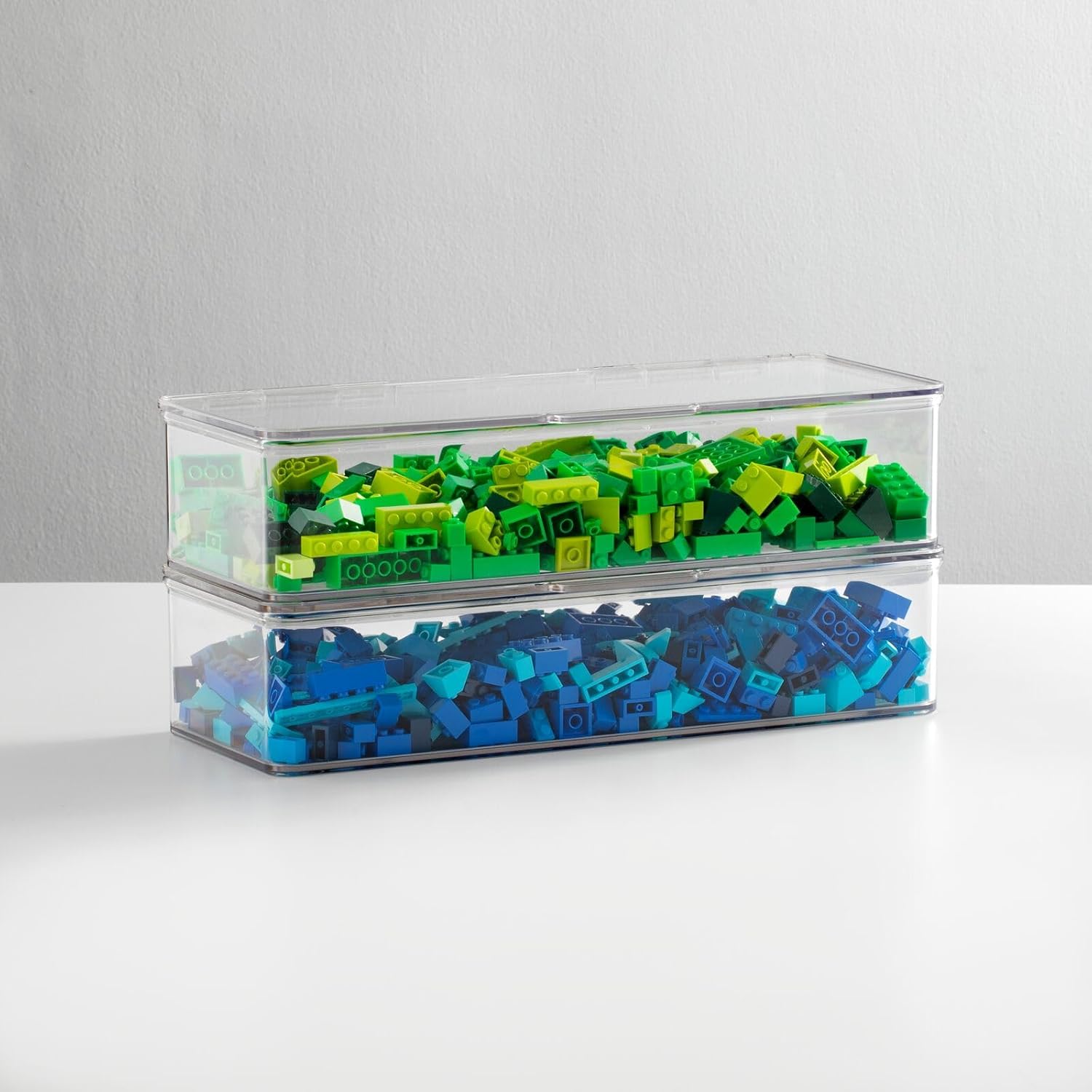 mDesign Long Plastic Playroom/Gaming Storage Organizer Box Containers with Hinged Lid for Shelves or Cubbies, Holds Small Toys, Building Blocks, Puzzles, Markers, Controllers, Crayons, 2 Pack, Clear