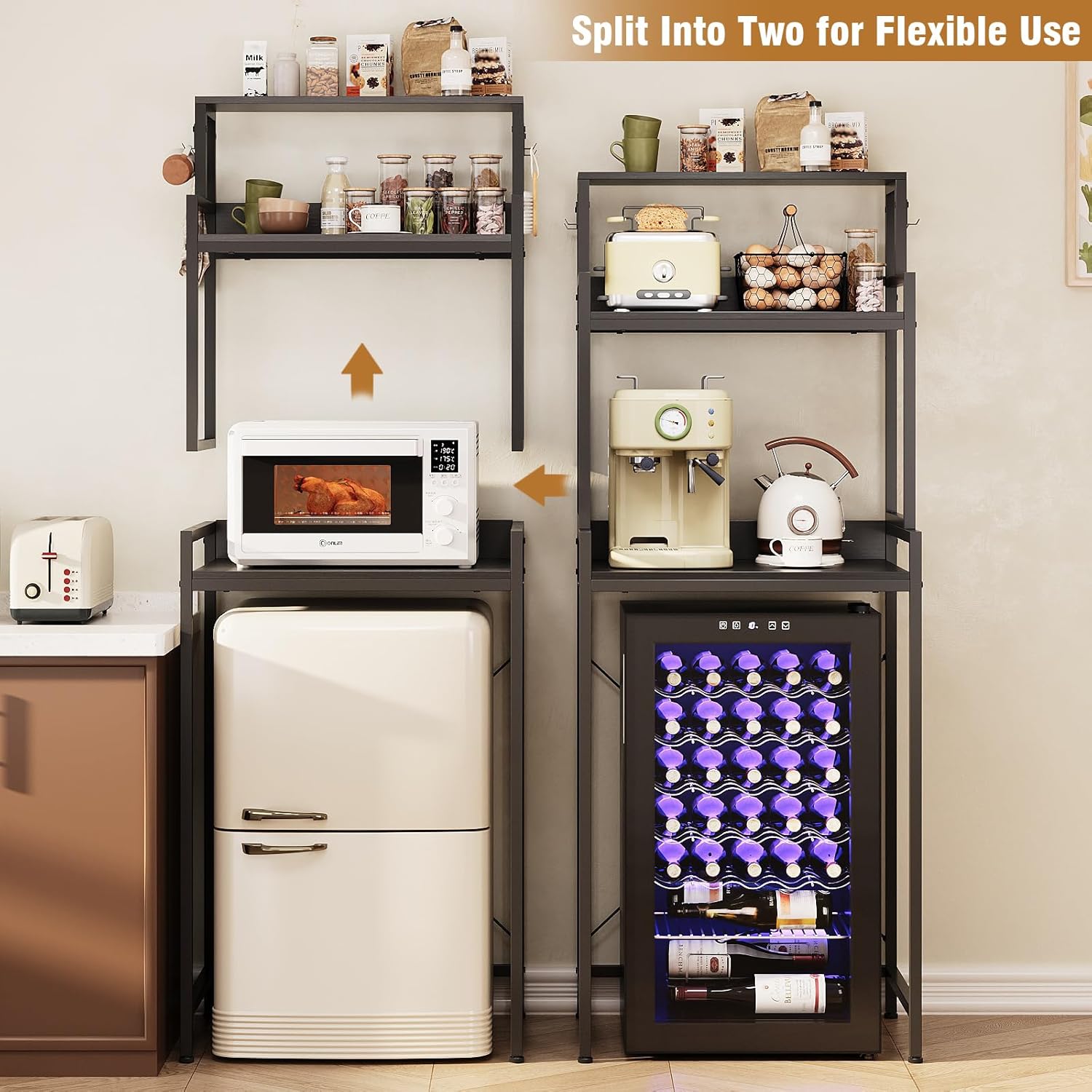 3-Tier Mini Fridge Stand Kitchen Bakers Rack with Adjustable Shelves, Freestanding Microwave Stand with Storage, Split Design Coffee Bar Shelf for Home Office Dorm (Black, 25.6")
