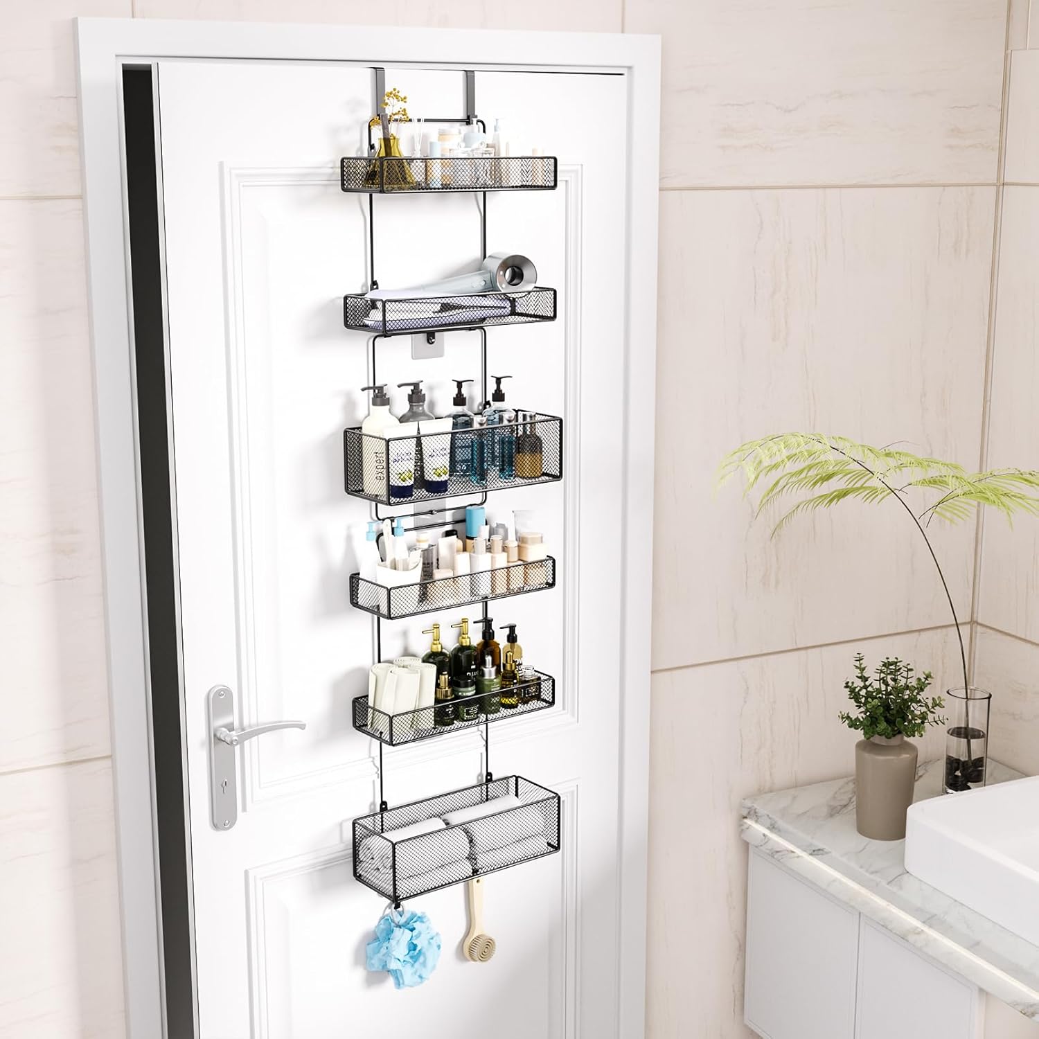 HapiRm Over Door Organizer Storage - Separable Door Organizer Hanging with 6 Metal Large Capacity Baskets for Bathroom Bedroom Kitchen Pantry Closet (Black)