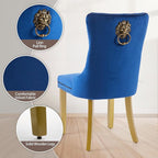 Velvet Dining Chairs Set of 4, Upholstered Dining Room Chairs with Lion Head Pulls Ring and Golden Solid Wood Legs, Modern Button Tufted Kitchen Chairs for Dining Room, Kitchen(Blue)