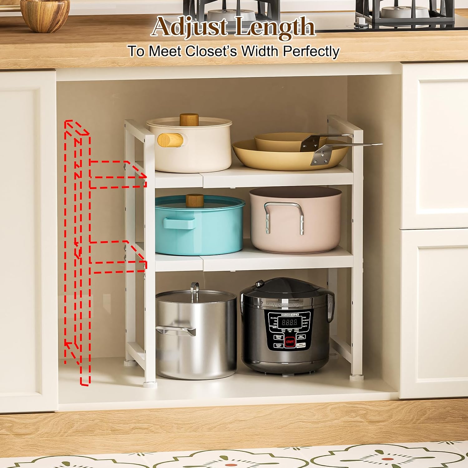 2-Tier Expandable Kitchen Storage Shelf,150LBS Heavy Duty Metal Shelving Units For Small Appliance,Adjustable Pots and Pans Organizer Rack Shelves For Kitchen Counter Under Cabinet Garage Pantry,White