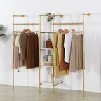Industrial Pipe Gold Clothing Rack with Shelves, Retail Display Wall Mounted Storage Clothes Hanging Shelf Gold Pipeline Hanging Rod Steampunk Style, 4 Tier Wood Garment Rack 72.8x71inch