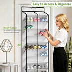 KEEPJOY 20-30 Pairs Over the Door Shoe Organizer, Mesh Hanging Shoe Rack for Door Storage with 20 Wide Deep Pockets,10-Tier White Door Shoe Holder Fits Sneakers, Boots.