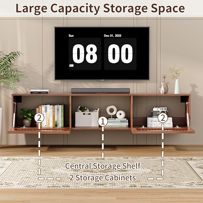 HOMMPA Floating TV Stand Wall Mounted for TVs 55'' to 80'', Floating Entertainment Center with Slatted Door Design, Mid Century Wall Mounted TV Stand for Livingroom, Walnut